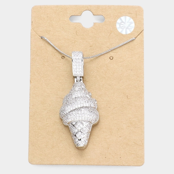 Silver Ice Cream Cone Shape Pendant Necklace Chain - Picture 1 of 2